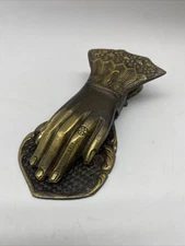 Vintage Antique Hand Form w/ Ring Decorated Brass Tin Desk / Wall Paper Clip