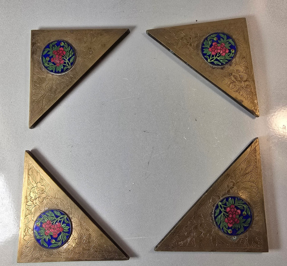 Rare antique Chinese cloisonné brass desk blotter corners — impossibly intricate enamelwork that turns a desk pad into a collector's artifact.