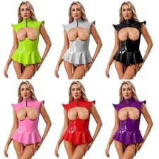 Women Bodysuit Tempting Jumpsuit PVC One Piece Leotards Outfits Sexy Clubwear