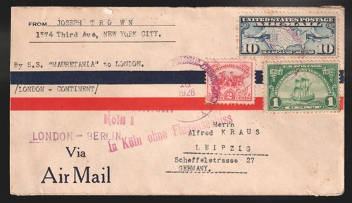 US 1926 cover S.S Mauretania to London Airmail Germany Koln ohne fluganschluss