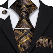 Yellow Plaids Necktie Mens Tie Hankie Cufflinks Tie Pin Set Gift Event