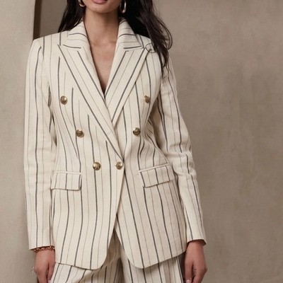 Banana Republic Alva Double-breasted Blazer Womens 4 Stipe Linen/Cotton 579142