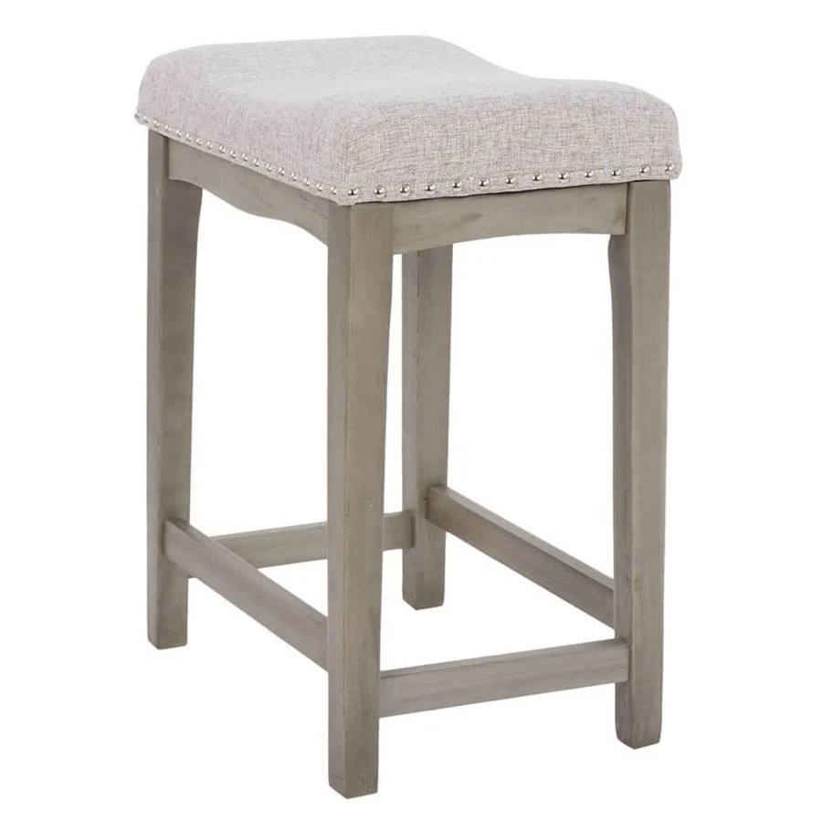 Allen+Roth Hoatley Gray 29in Barstool Saddle Seat Upholstered Wood Nailhead