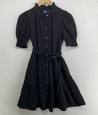 GAP Dress XS Crinkle Gauze Mini Tiered Ruffle Button Front Puff Sleeve Black NEW