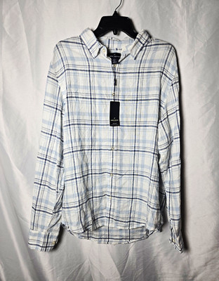 Daniel Hechter Paris Men's Plaid Button-Up Shirt L Blue/White Linen Blend