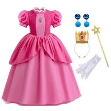 Girls Princess Peach Costume Super Bros with Crown Headband earrings Gloves for