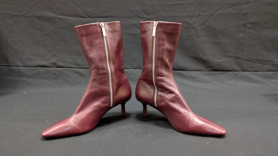 Botas Zara Tacón Cuero Tobillo Gatito Borgoña EE. UU. Talla 6.5 Foto 4 de 4