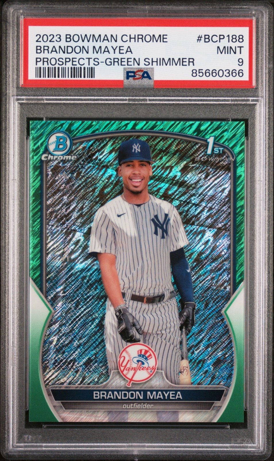 2023 BOWMAN CHROME 1ST GREEN SHIMMER REFRACTOR BRANDON MAYEA Yankees /99 PSA 9