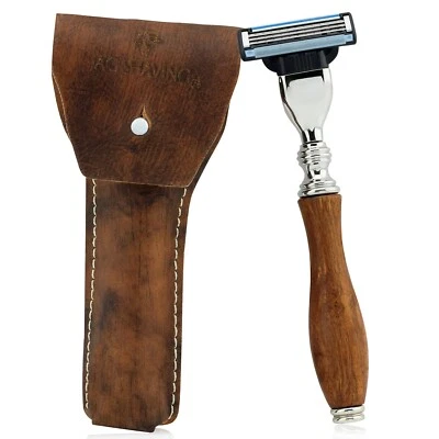 HARYALI LONDON Mach 3 Wooden Handle Razor Premium Design with Leather Razor Protective Case