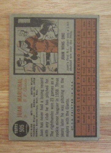 Juan Marichal 1962 Topps #505 Trading Card MLB Baseball San Francisco Giants - Picture 2 of 10