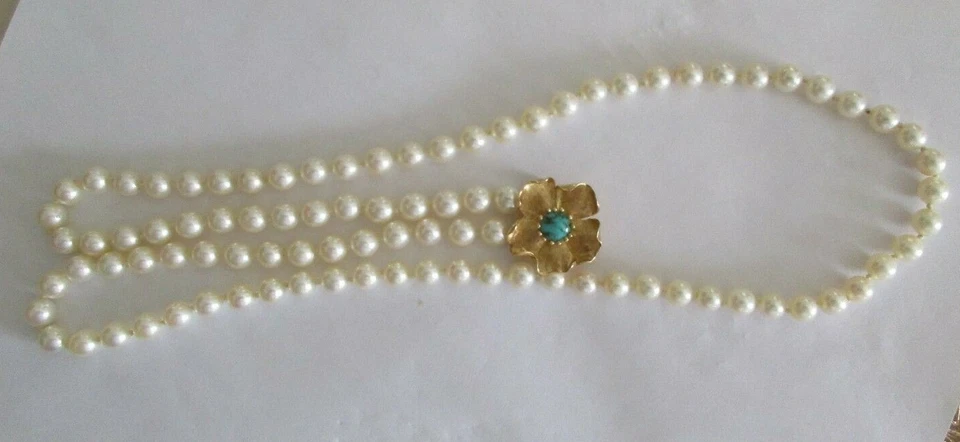 14K Gold 7.5 MM Cultured Pearl Necklace with Turquoise "Removable Clasp"   32"  - Image 3 of 4