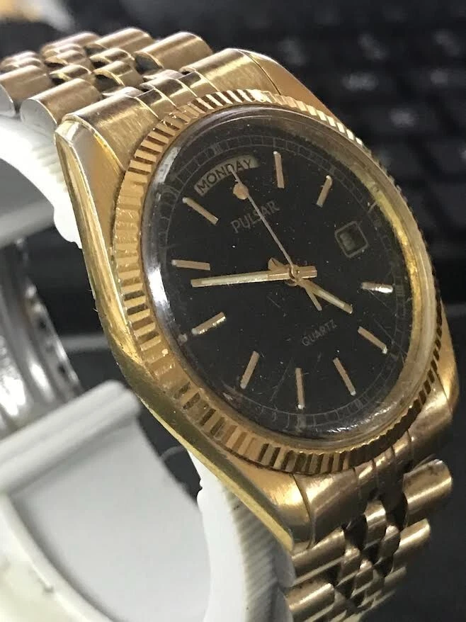 Pulsar By Seiko 36mm Presidential Golden Day-Date Men's Quartz Watch RUN (#1758) - Image 3 of 4
