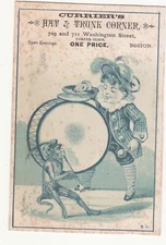 Currier's Hat & Trunk Corner Boston Boy Drum Monkey Horn Vict Card 1880s