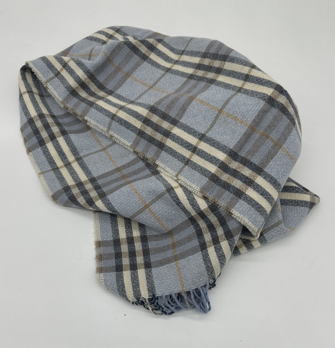 BURBERRY 100% Cashmere Scarf, Pale Blue/White/ Navy/ Tan, Plaid