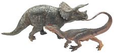 Realistic Triceratops and Dilophosaurus dinosaur figurines