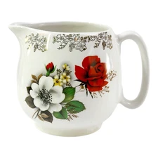 Vtg Lord Nelson Pottery England Jug Milk Pitcher Flowers Gold Filigree Trim 5"