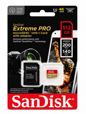 SanDisk Extreme PRO 512GB UHS-I U3 microSDXC 200 MB/s Memory Card w/ SD Adapter