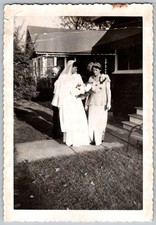 Vtg B&W Snapshot Bride & Mother Outside Home Wedding 1940s