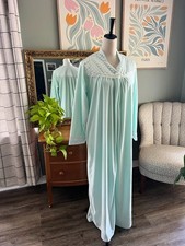 Christian Dior Vintage Seafoam Green Fleece Robe Quilted Satin Lace Trim Long M