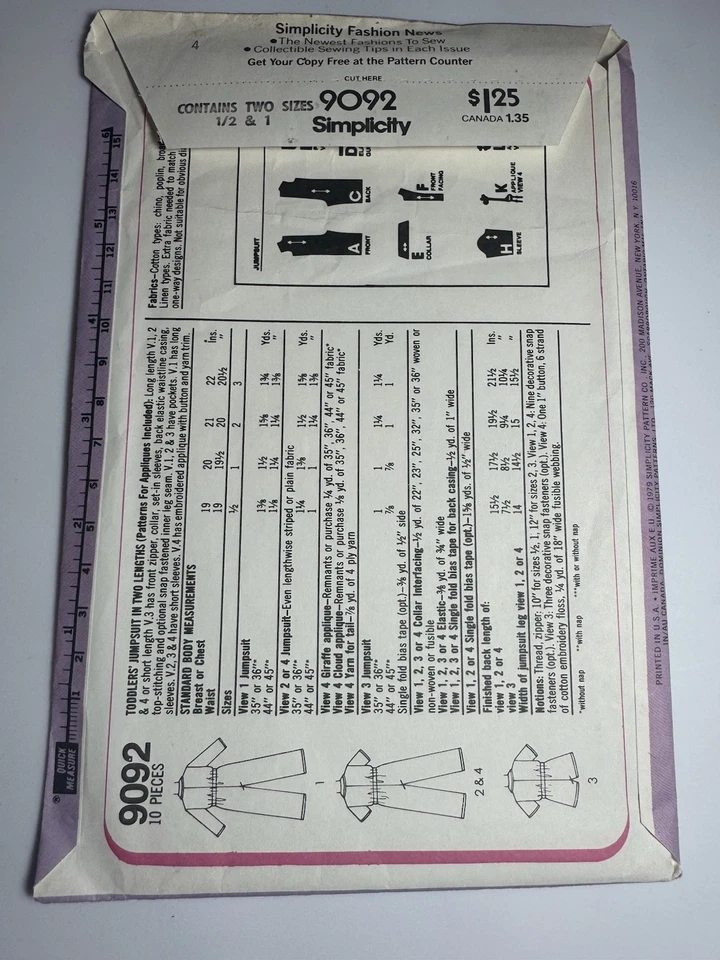 Tot Toddler Jumpsuit Kangaroo Applique Pattern Simplicity 9092 1970's Vintage - Image 4 of 4