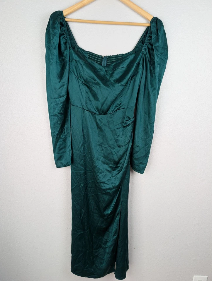 Reformation Dress Womens 6 Green Silk Long Sleeve Square Neck Ruched Midi Formal - Image 2 of 4
