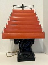 vintage mid century modern Horse Lamp With Red Venetian Asian Shade Beautiful