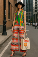 Vtg 90s SHEER High Waist COLORFUL ZIG ZAG CHEVRON Wide RAVE PALAZZO Pants M L