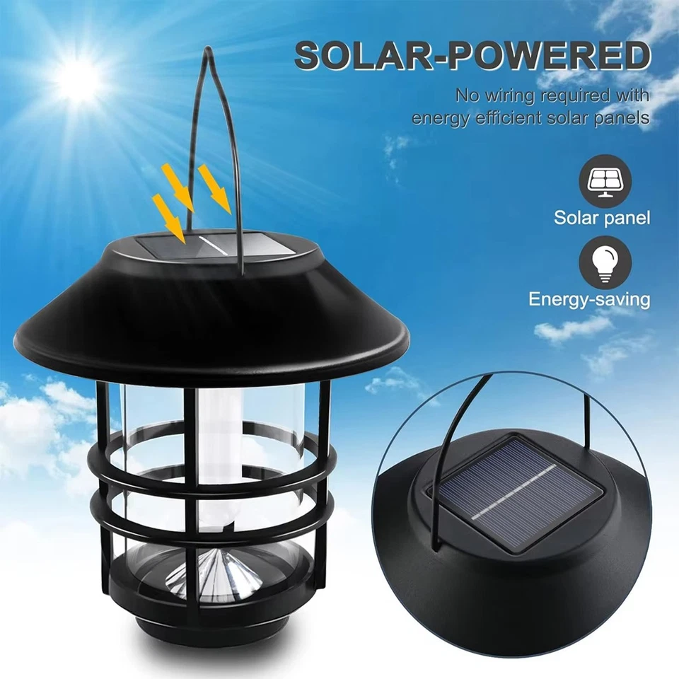 Solar Hanging Flickering Flames LED Lantern Outdoor Decorative Lights Porch Lamp - Image 3 of 4