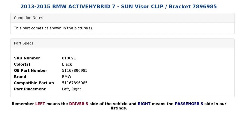 2013-2015 BMW ACTIVEHYBRID 7 - CLIPE/suporte para viseira solar 7896985 - Imagem 4 de 4