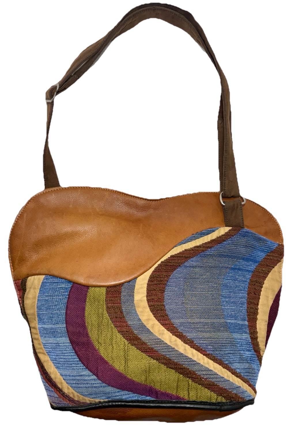 Vintage Boho Patchwork Leather Shoulder Bag Multicolor Wavy Fabric Tote