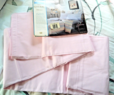 NOS Vintage Twin Flat Sheet Solid Pink 100% Cotton Percale Cottage 66'' x 92''