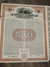 Colombia 1926 Republic $ 500 Medellin Dollars Gold SPECIMEN Bond Loan Share Coup