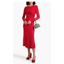 FARM Rio Twisted Jersey Midi Dress Red Long Sleeve Shoulder Pads Size S (J)