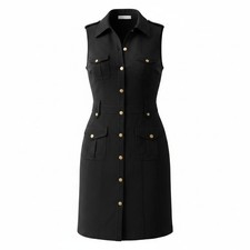 Calvin Klein Gold Snap Front Black Sleeveless Utility Military Medium Dress
