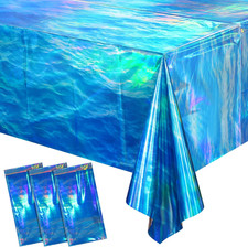 3 Pcs Iridescent Waves Tablecloths - Disposable Plastic Ocean Blue Table Cloth R