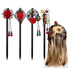 4 Pack Chinese Wooden Hair Stick for Buns Retro Hair Chopsticks Red Flower Beads