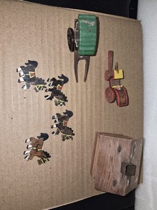 Mid Century Folk Art Wooden Miniature Horse Buggy Cariages Amd Cabin
