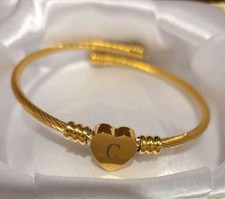 Letter C Initial Monogram Heart Goldtone Bracelet Bangle Cuff Jewelry Valentines