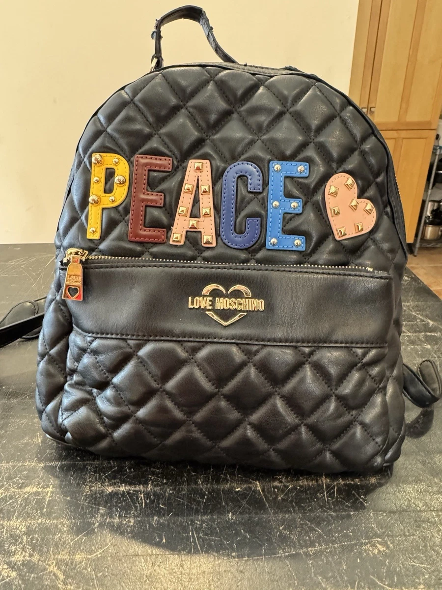 LOVE MOSCHINO Dark Blue Quilted Vegan Leather \'PEACE\' Backpack LOVE MOSCHINO Faux leather backpack with PEACE patch Black  main image 3
