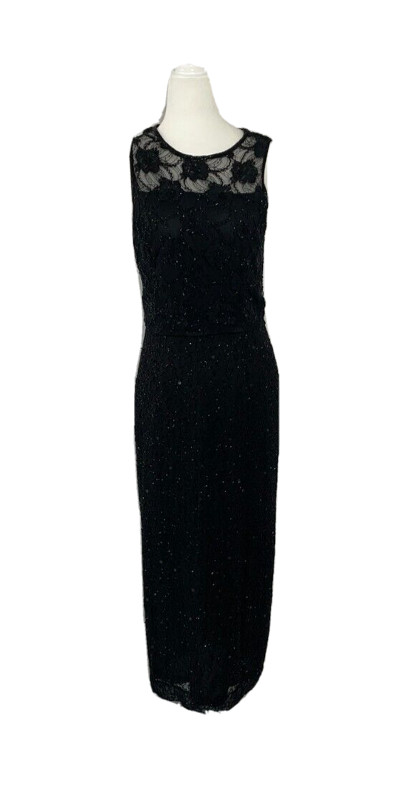 j kara black beaded dress New J Kara New York Black Spaghetti Strap V Neck Hand Beaded Black Evening Dress