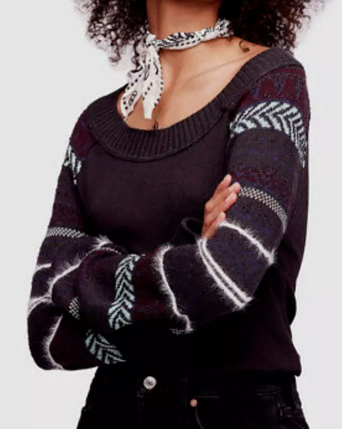 NWT Free People Fair Isle Sleeve Thermal Top Shirt Knit black combo