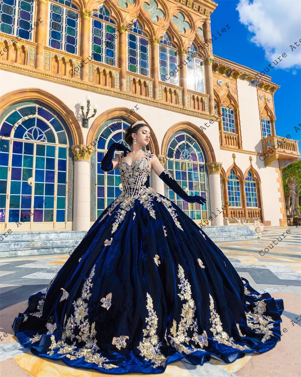 Gold Buttterfly Off The Shoulder Royal Blue Velvet Quinceanera Dresses Ball  Gown | eBay