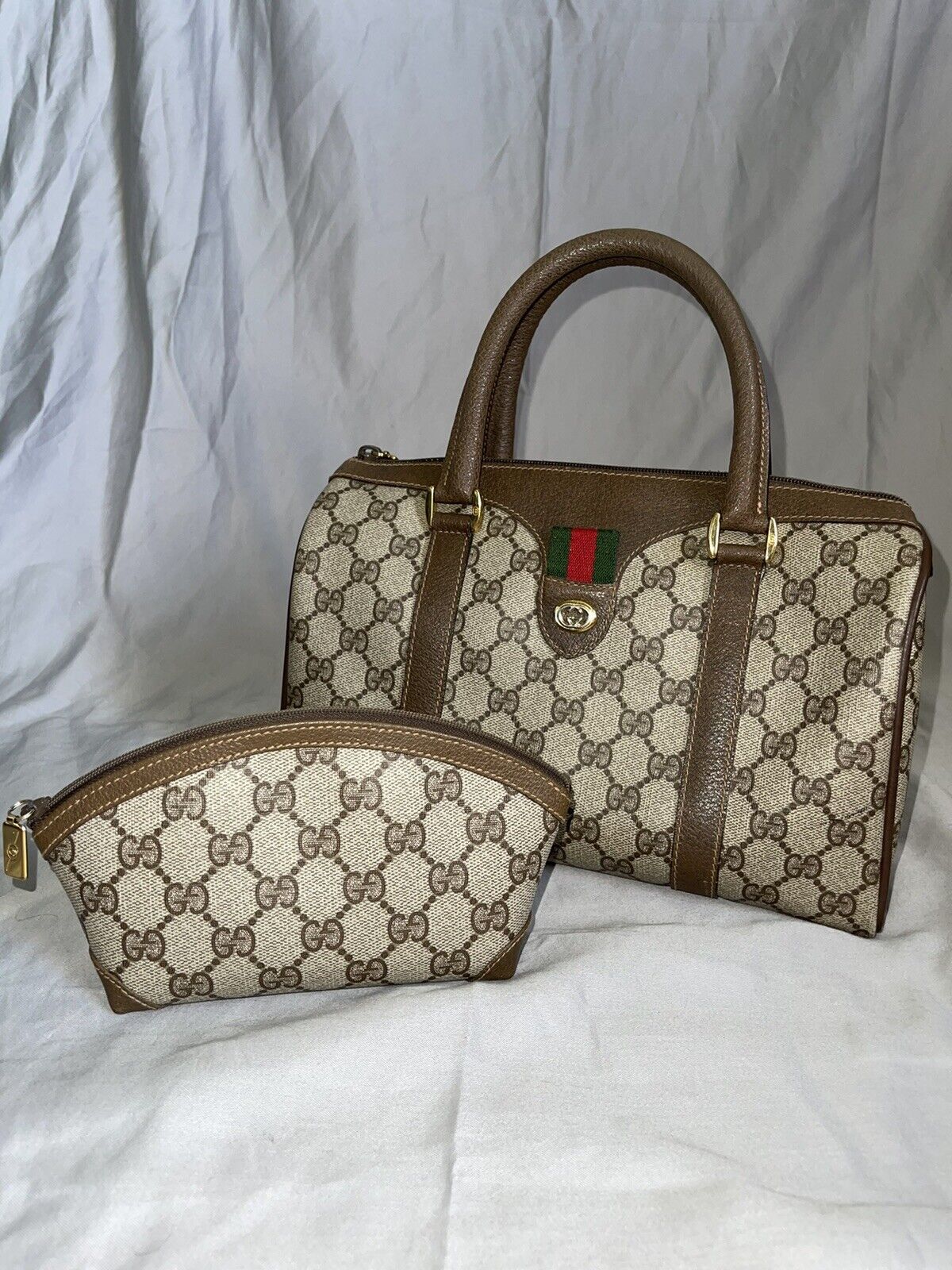 Authentic Vintage Gucci Bag & Small Gucci Makeup Bag set Beige Good  Condition | eBay