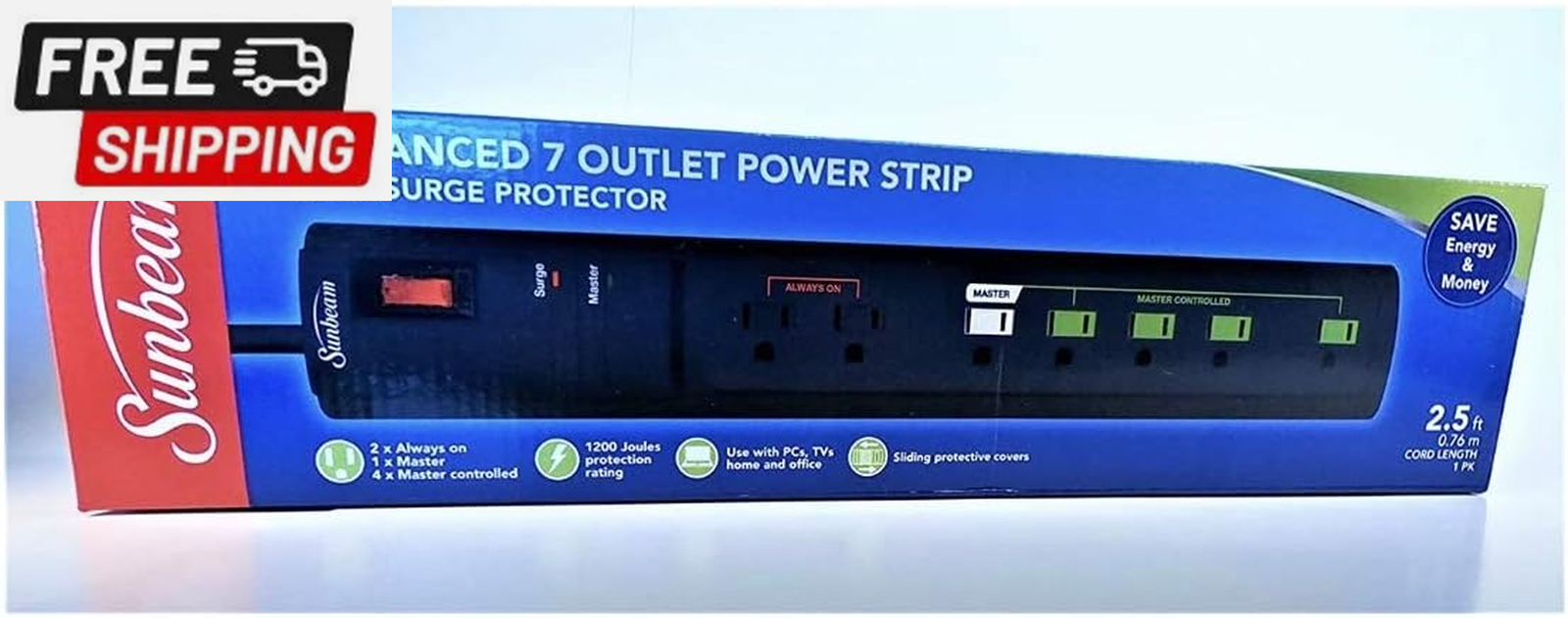 Advance 7 Outlet Power Strip with Surge Protector & Spaced Outlet 15A