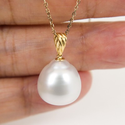 Huge 13.7x14.4mm  Australian White South Sea Pearl Pendant,18K Solid Gold #P6108