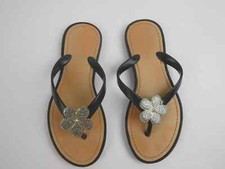 Black T-Strap with Silver Flower Sandals Misses 6 Excellent Condition