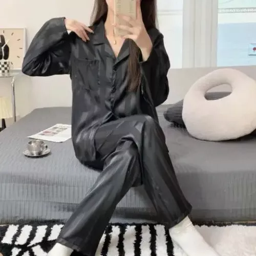 Pijama Seda Hielo Mujer Pijama Primavera Manga Larga Hogar Set - Imagen 33 de 49