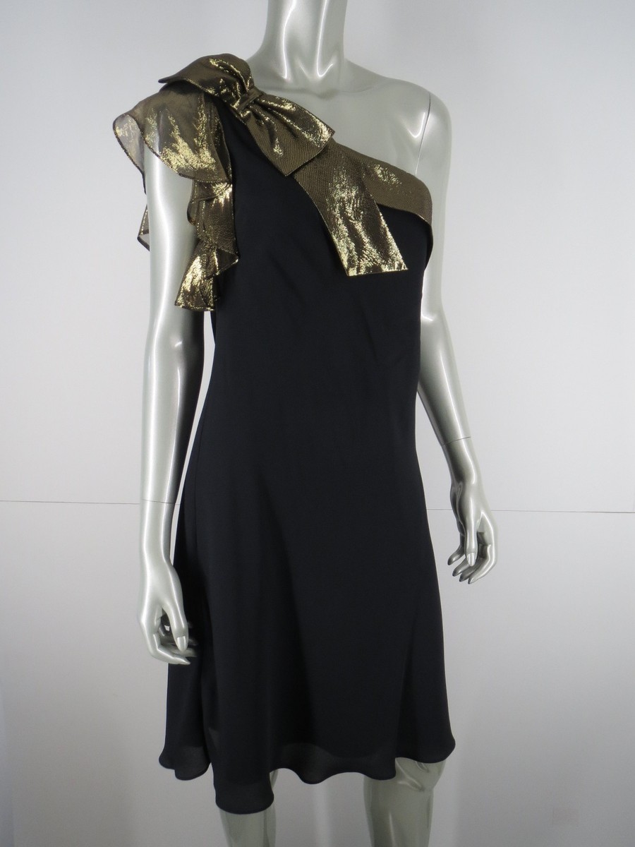 Tibi Party Dress Evening Sz 8 M Silk Black One Shoulder Metallic Gold Bow A-line Tibi Party Dress Evening Sz 8 M Silk Black One Shoulder Metallic Gold Bow A-line
