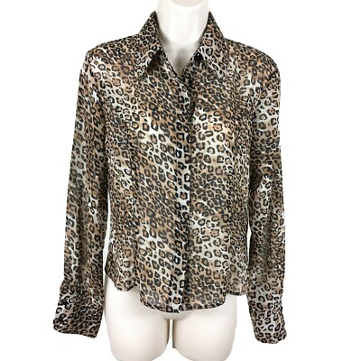 Womens White House Black Market Sz 6 L/S Semi-Sheer Leopard Print Button Up Top