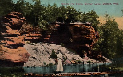 Below the Falls Mirror Lake Delton Wis Woman Scenic Rock Formation Postcard